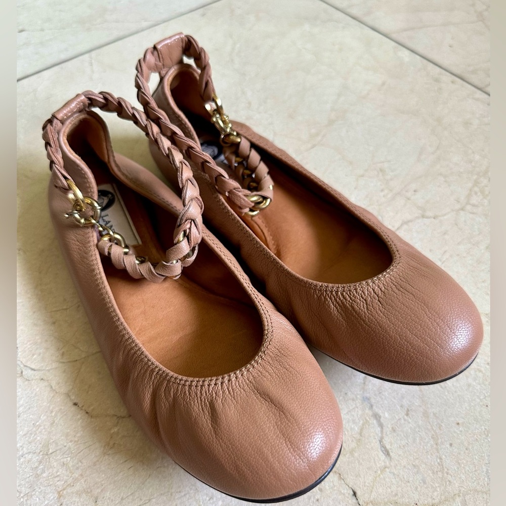Lanvin Tan Leather Ballet Flats w Braided Leather & Chain Ankle Strap, Size 36
